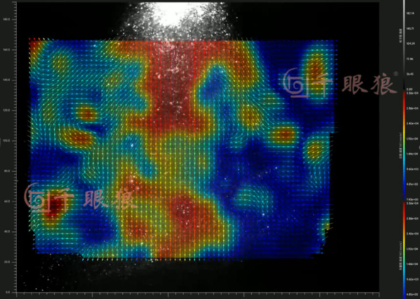 Instantaneous velocity field from PIV camera measurement showing spray jet turbulence