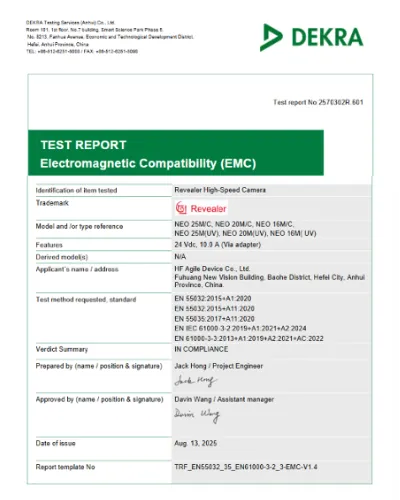 DEKRA Statement of Conformity CE certification for Revealer NEO series high-speed cameras