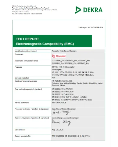 DEKRA Attestation of Conformity for Revealer NEO series high-speed camera EMC compliance