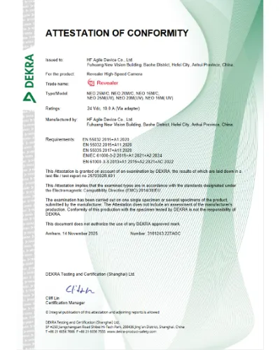 DEKRA official EMC test report of Revealer G series Pro high-speed cameras